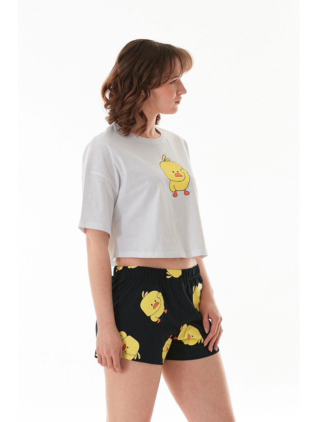 Lacivert Civciv Baskılı Şortlu Oversize Pijama Takımı-2