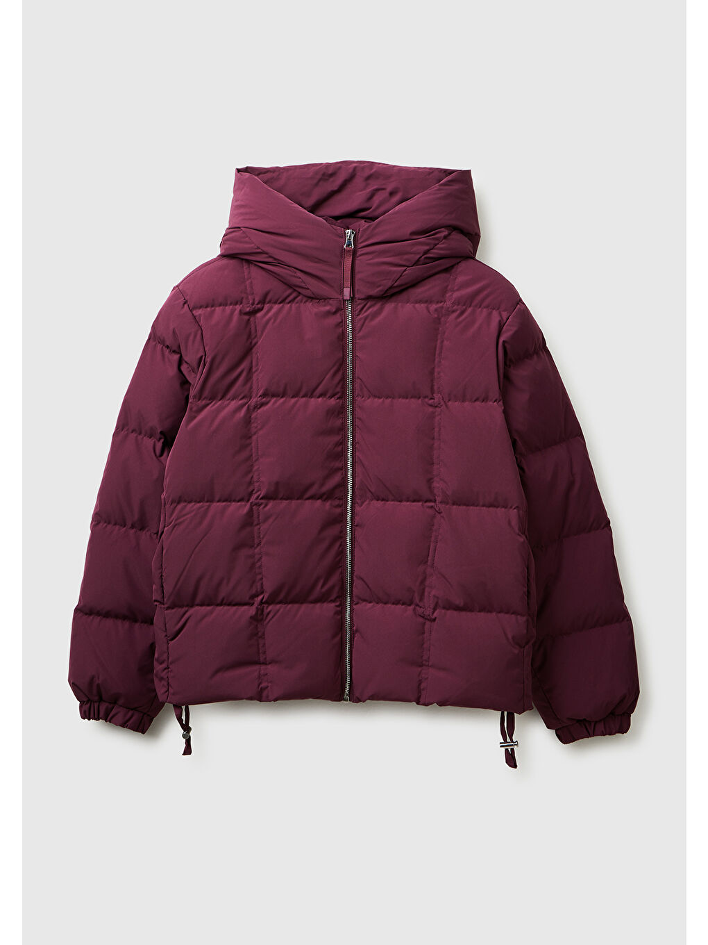 Kadın Mürdüm Kuş Tüyü Kapüşonlu Fermuarlı Kolu Lastikli Şişme Mont-1