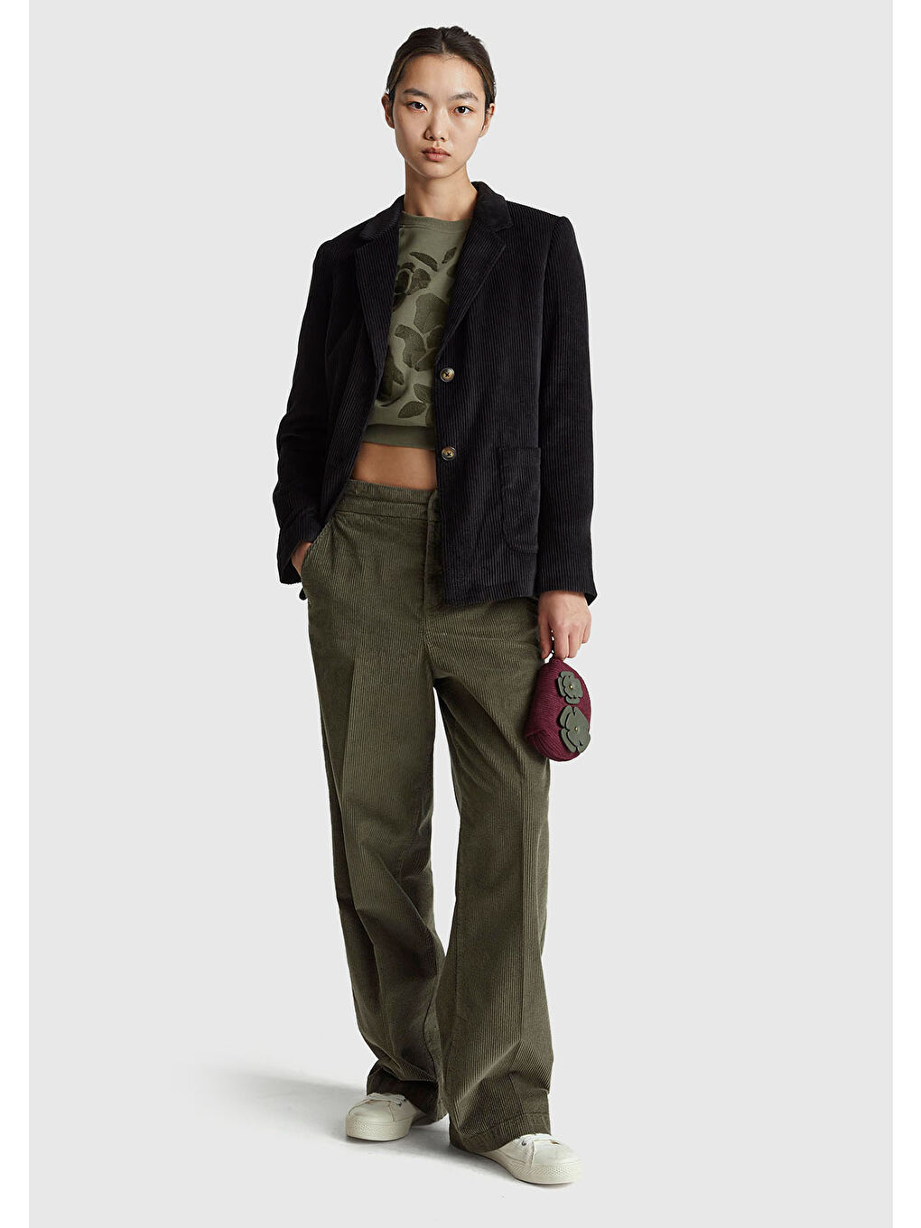 Kadın Haki Pamuk Karışımlı Arkası Lastikli Cepli Geniş Paça Kadife Pantolon-4