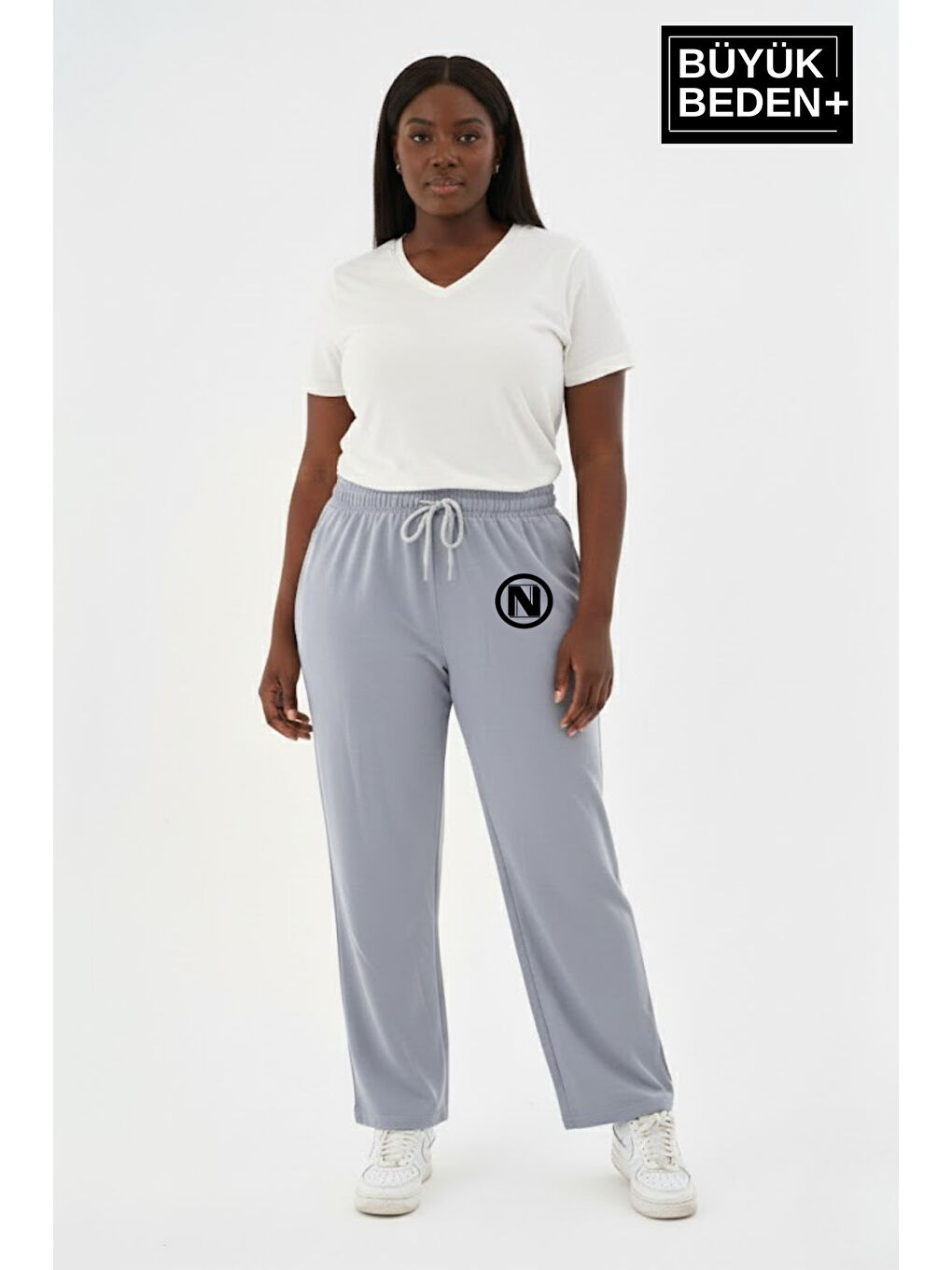 Gri Kadın Büyük Beden N Logo Baskılı Rahat Kesim Lastikli Bel Paça Reçme Eşofman Altı SPR26EAK952-4