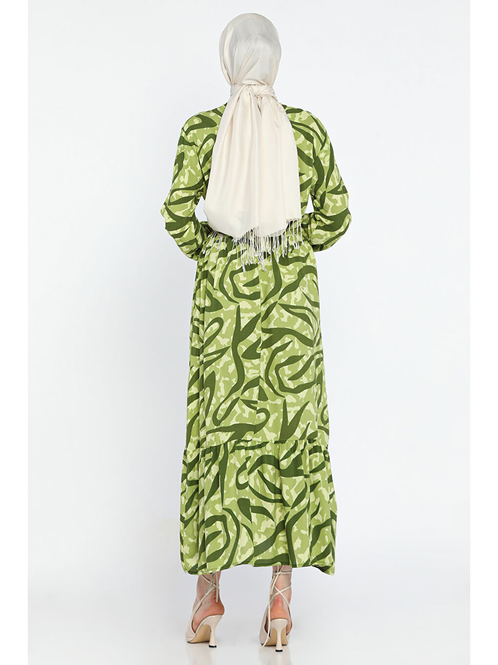 Yeşil Bel Kuşaklı Desenli Viskon Tesettür Elbise-5