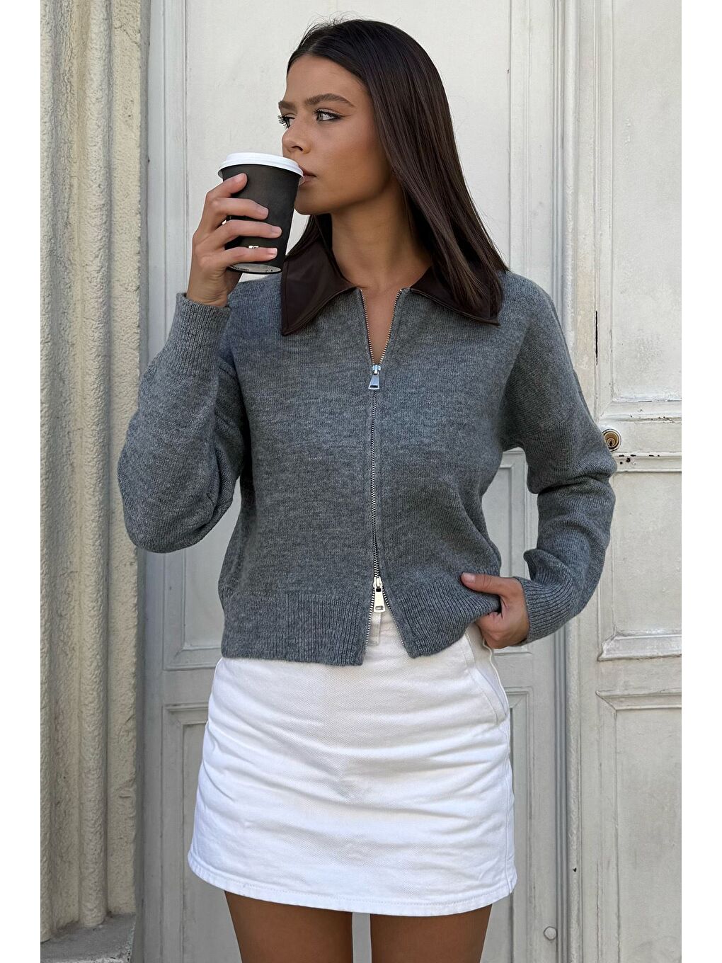 Gri Kadın Polo Yaka Deri Garnili Fermuarlı Triko Hırka (s-m-l Beden Uyumludur.)-2