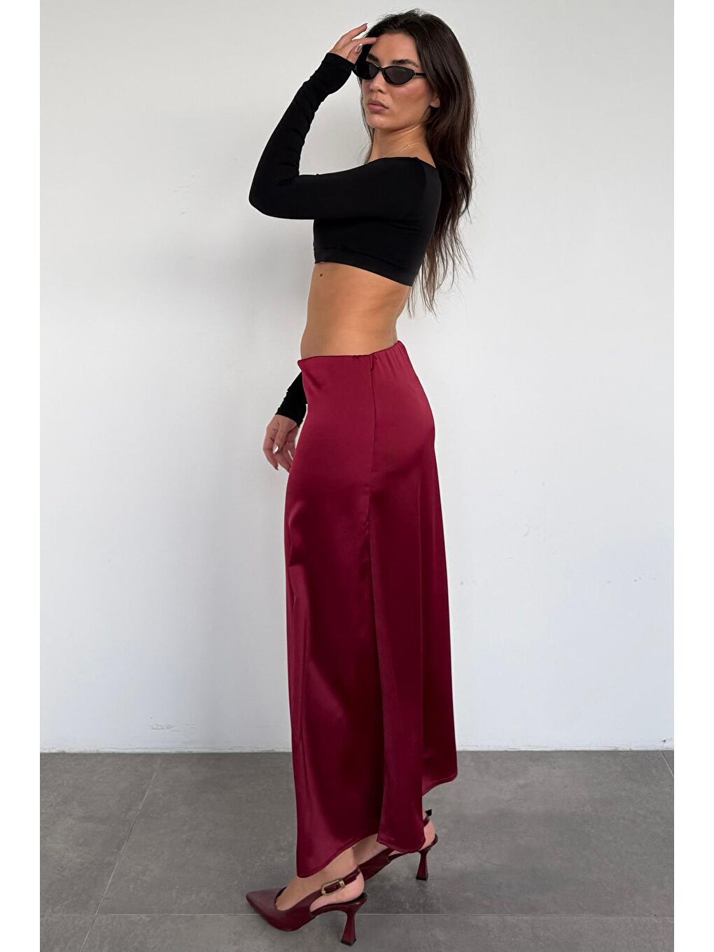 Bordo Siyah Saten Midi Boy Kadın Etek Mg2637-1