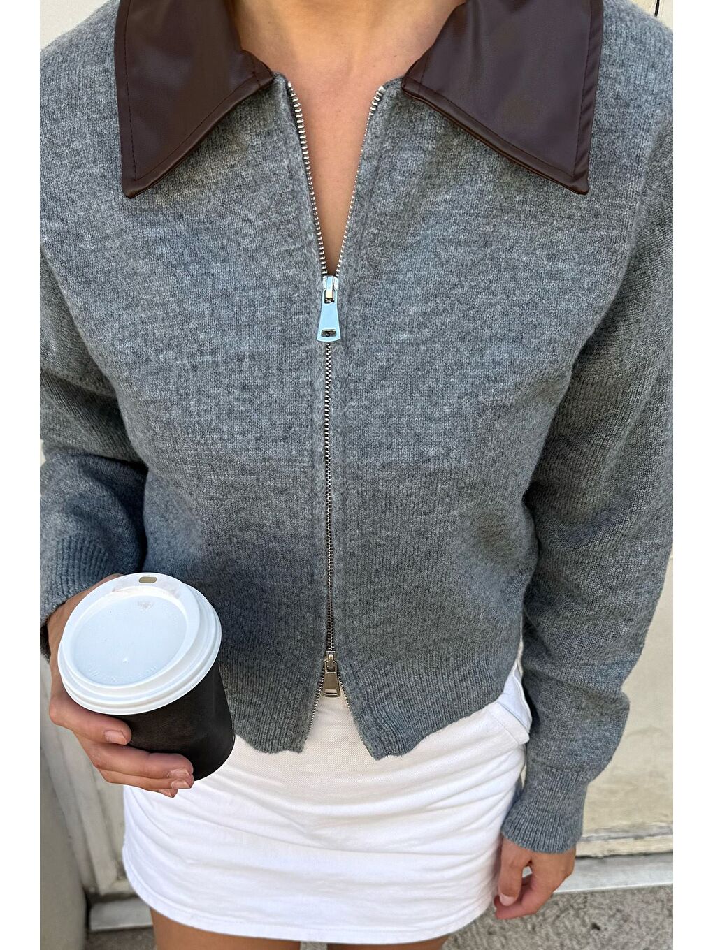 Gri Kadın Polo Yaka Deri Garnili Fermuarlı Triko Hırka (s-m-l Beden Uyumludur.)-3