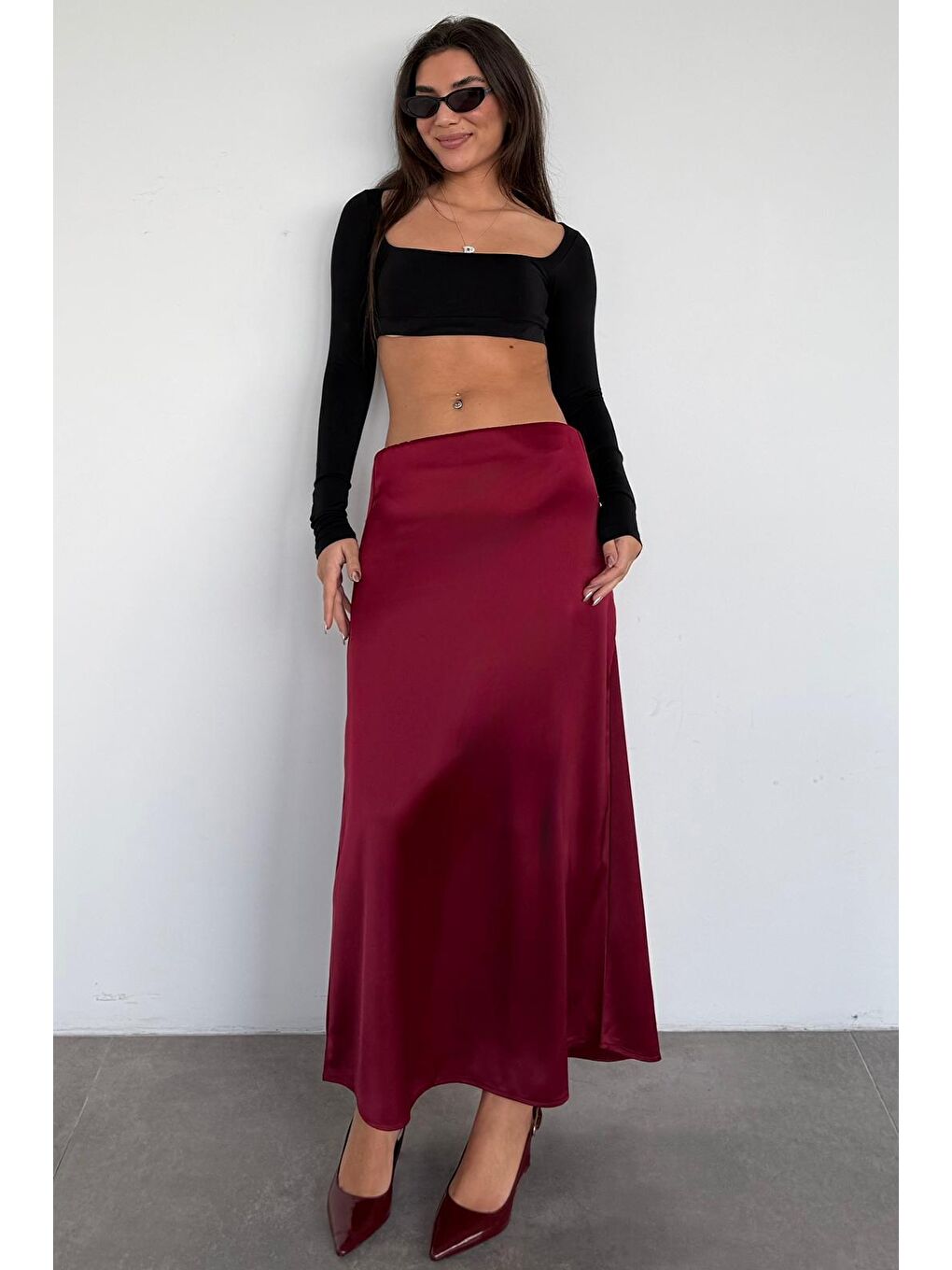 Bordo Siyah Saten Midi Boy Kadın Etek Mg2637-2