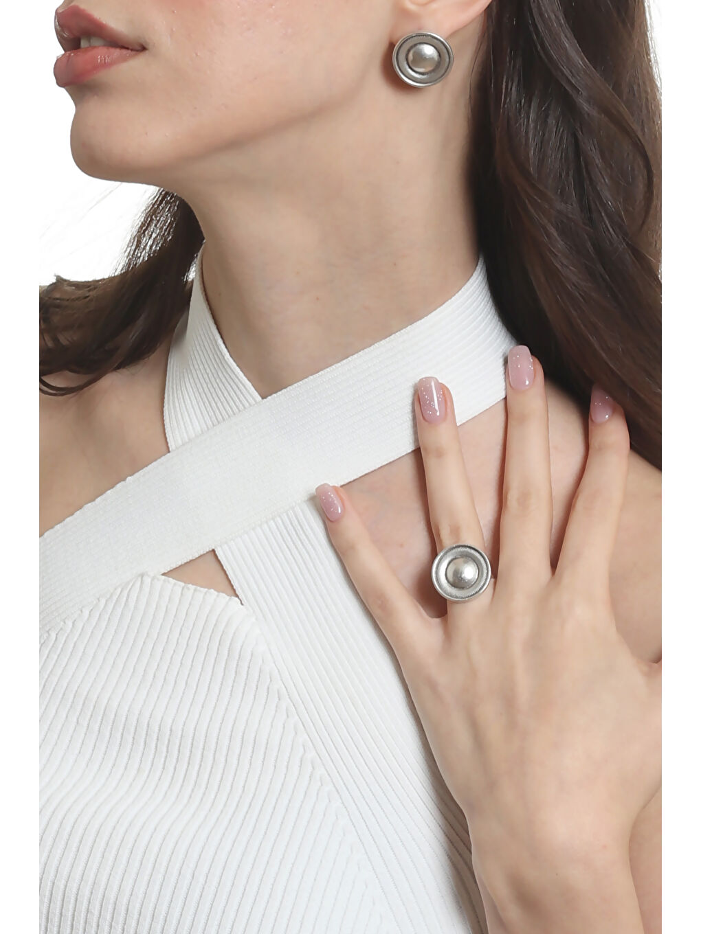 Gri Kadın Antik Gümüş Kaplama Çivili Model Düğme Küpe&Yüzük Seti-1