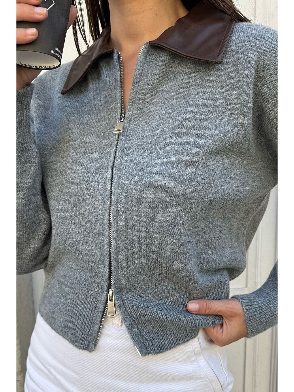 Gri Kadın Polo Yaka Deri Garnili Fermuarlı Triko Hırka (s-m-l Beden Uyumludur.)-4