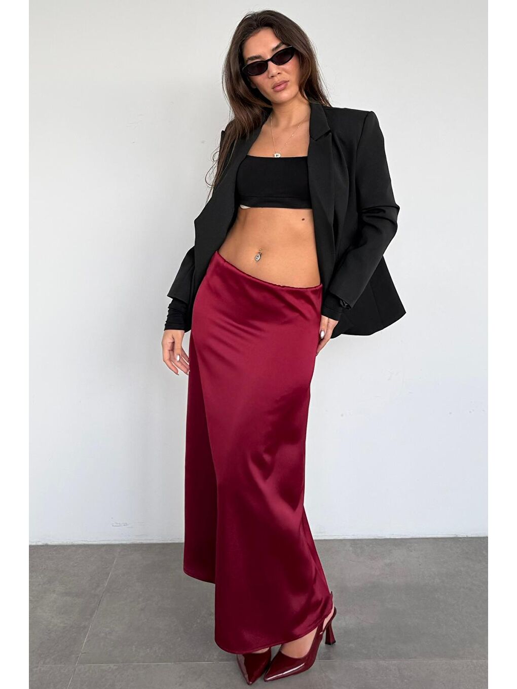 Bordo Siyah Saten Midi Boy Kadın Etek Mg2637-3