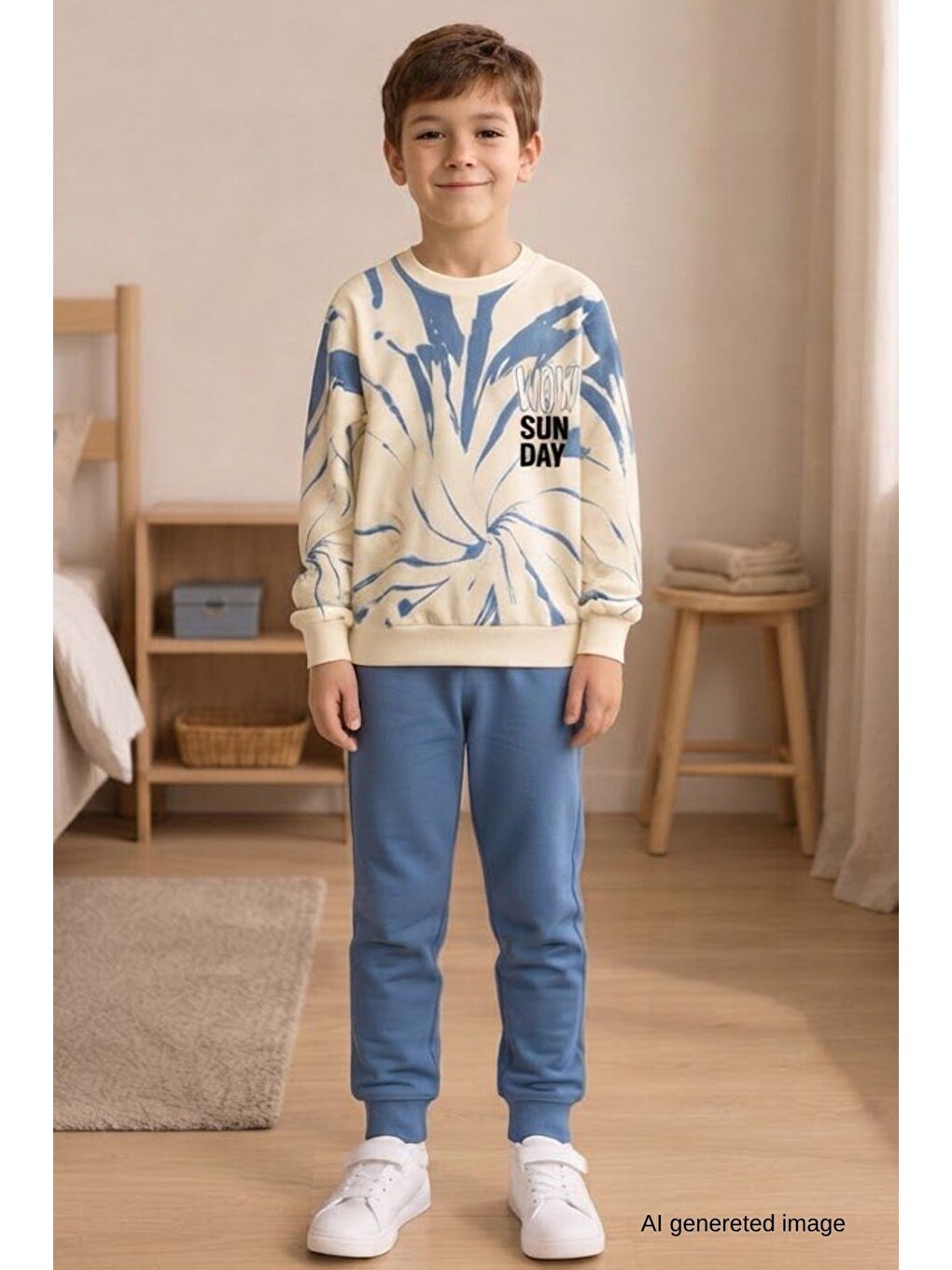 Mavi Erkek Çocuk Batik Desenli Okul Günlük Eşofman Takımı Esf7037-1
