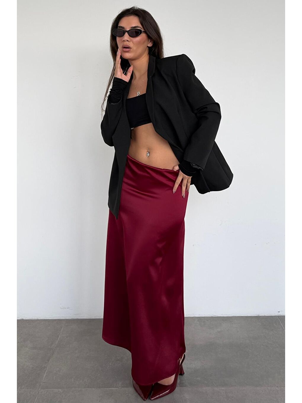 Bordo Siyah Saten Midi Boy Kadın Etek Mg2637-4