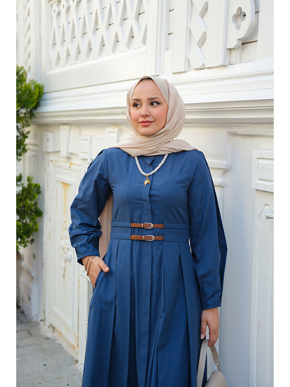 Kadın Çift Kemer Bağlamalı Elbise Lacivert-4