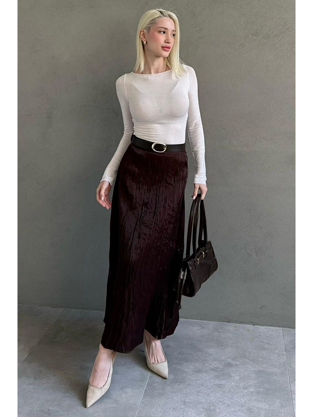 Kahverengi Kırışık Desen Kemerli Cepli Uzun Etek Mg2661-2