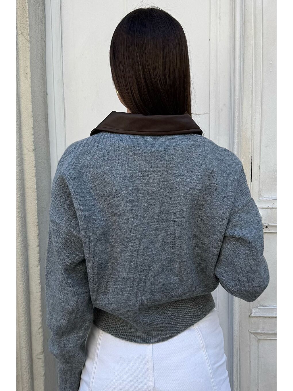 Gri Kadın Polo Yaka Deri Garnili Fermuarlı Triko Hırka (s-m-l Beden Uyumludur.)-5