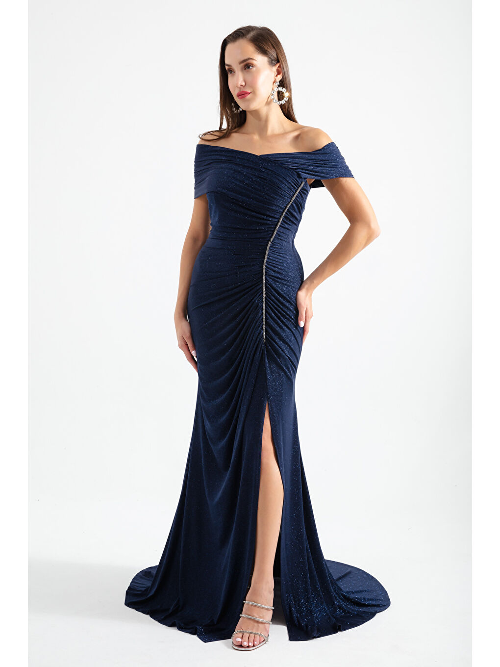 Kadın Lacivert Kayık Yaka Simli Uzun Abiye