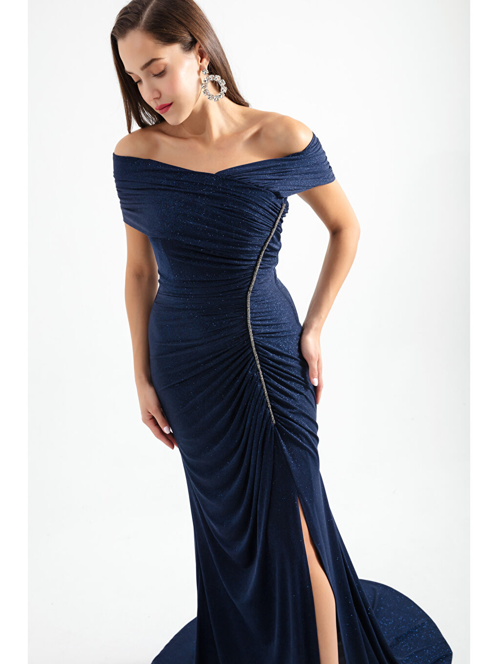 Kadın Lacivert Kayık Yaka Simli Uzun Abiye-1