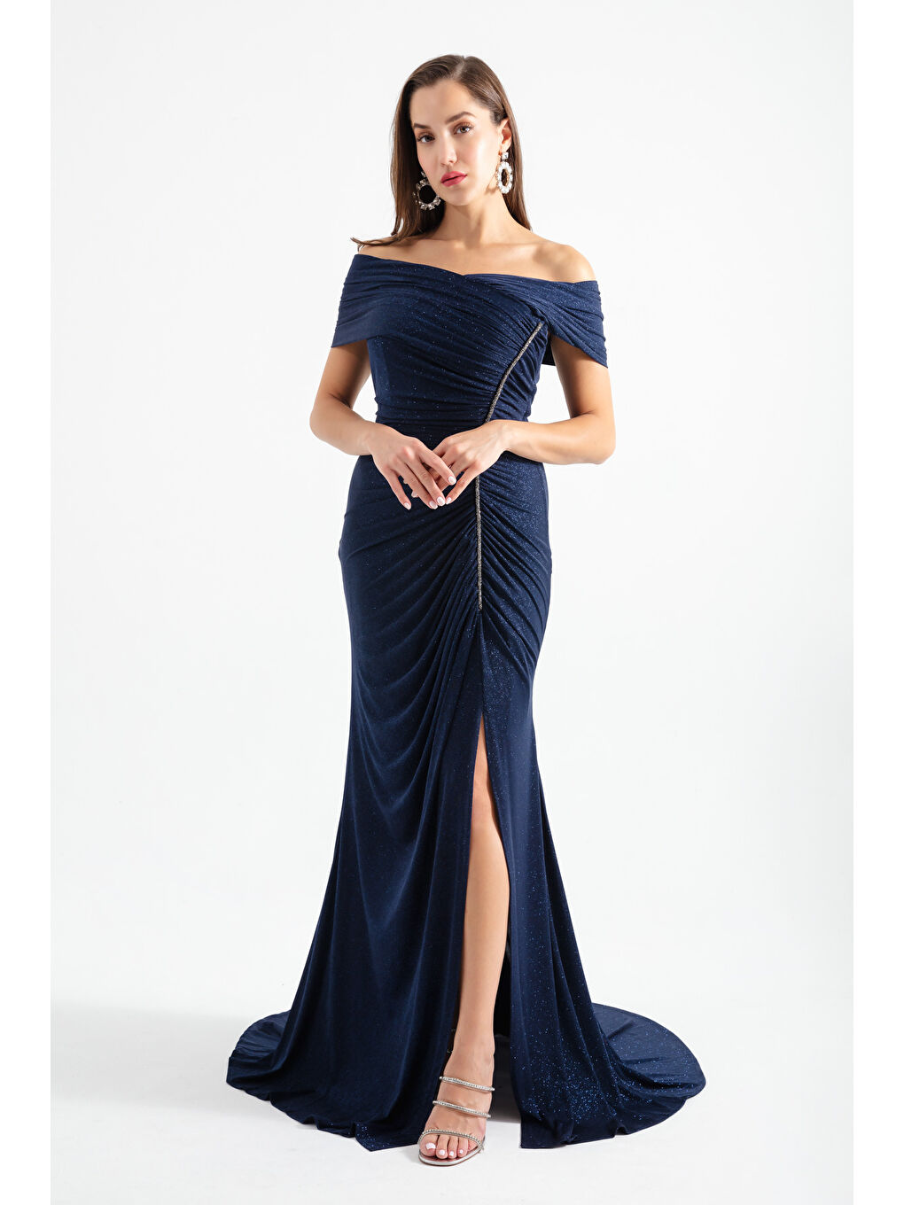 Kadın Lacivert Kayık Yaka Simli Uzun Abiye-2