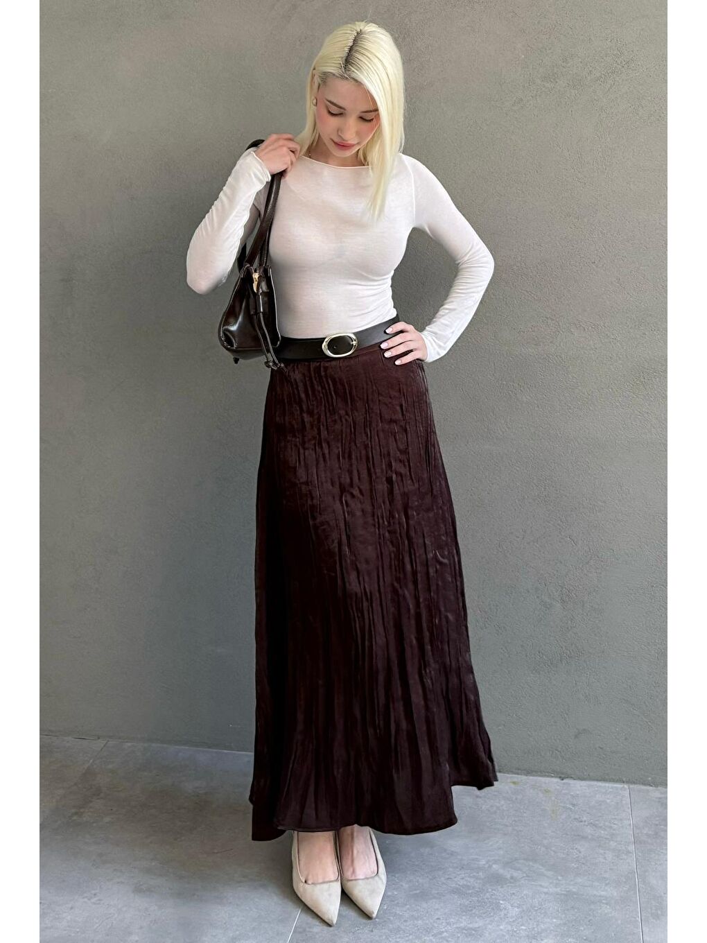 Kahverengi Kırışık Desen Kemerli Cepli Uzun Etek Mg2661-3