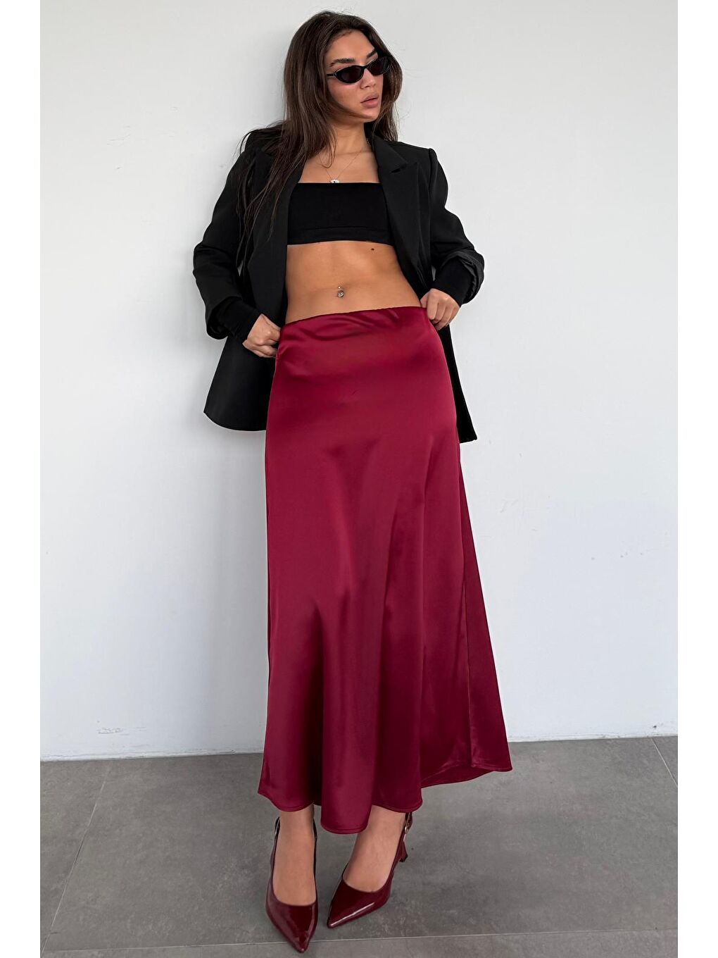 Bordo Siyah Saten Midi Boy Kadın Etek Mg2637-5