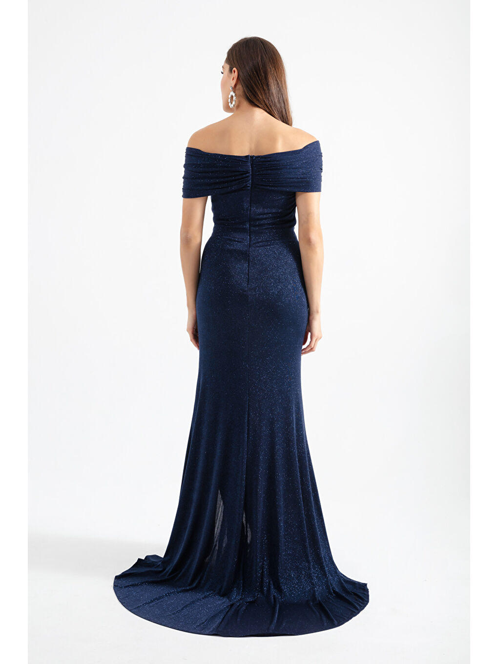 Kadın Lacivert Kayık Yaka Simli Uzun Abiye-4