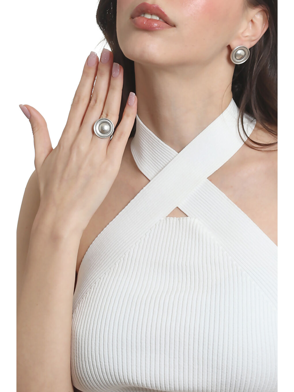 Gri Kadın Antik Gümüş Kaplama Çivili Model Düğme Küpe&Yüzük Seti-2