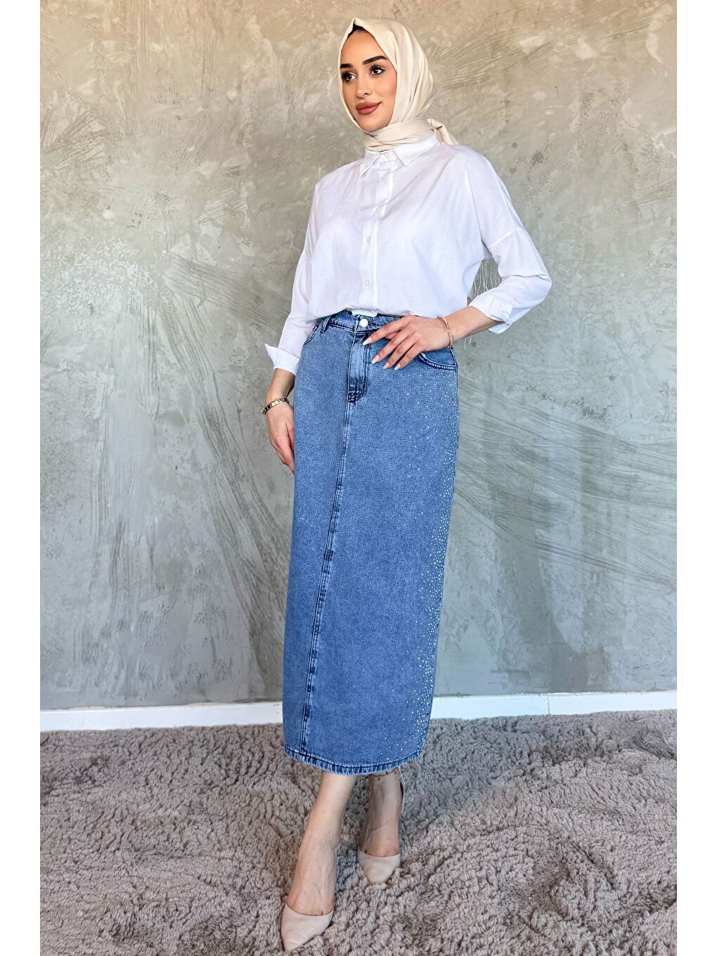 Mavi Kadın Taş İşlemeli Tesettür Jean Jean Etek-1
