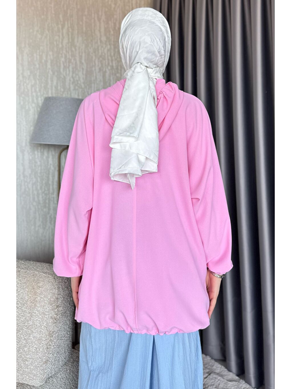 Pembe Kapüşonlu Taşlı Tesettür Kap-6