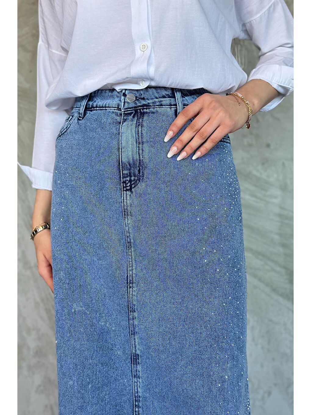 Mavi Kadın Taş İşlemeli Tesettür Jean Jean Etek-2