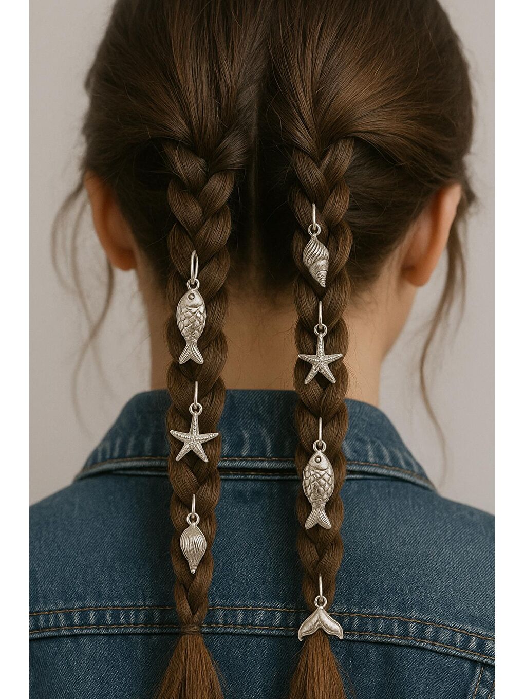 Gri Okyanus Temalı 8'li Saç Küpesi 2 adet Yıldız Küpe Seti-2