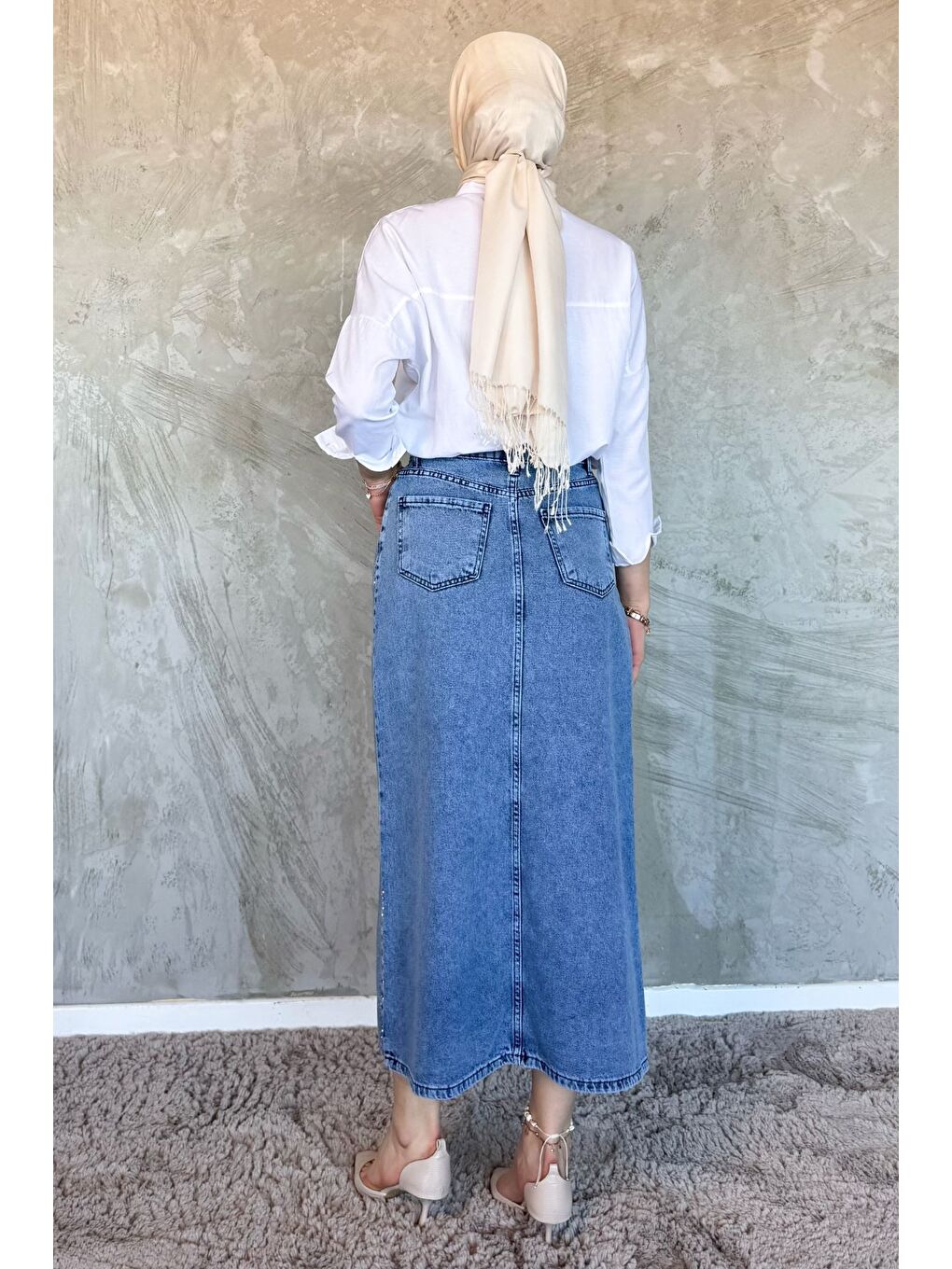 Mavi Kadın Taş İşlemeli Tesettür Jean Jean Etek-3