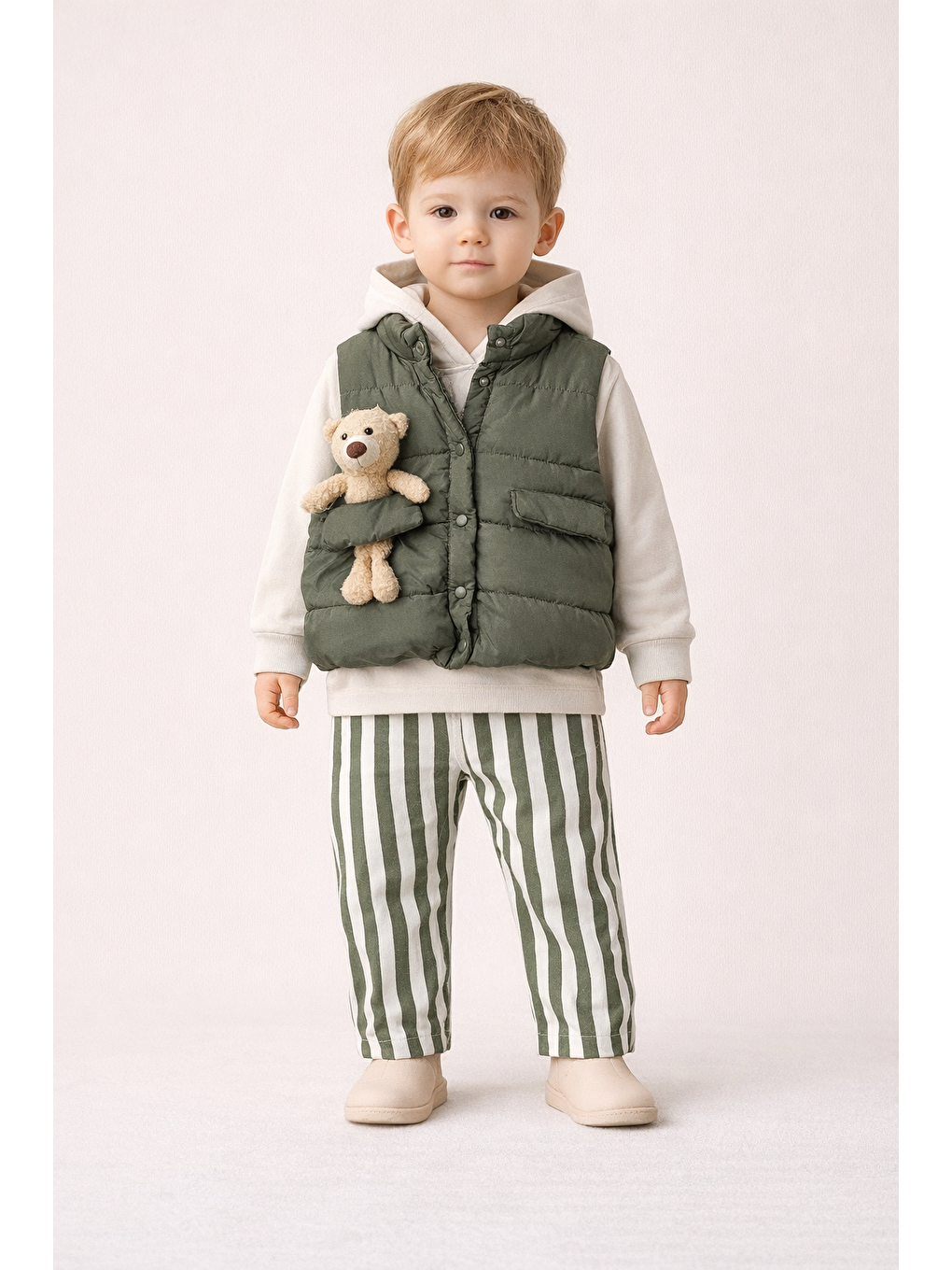 Yeşil Erkek Bebek 3’lü Takım 9-24 Ay Şişme Yelek %100 Pamuk Sweatshirt Gabardin Pantolon