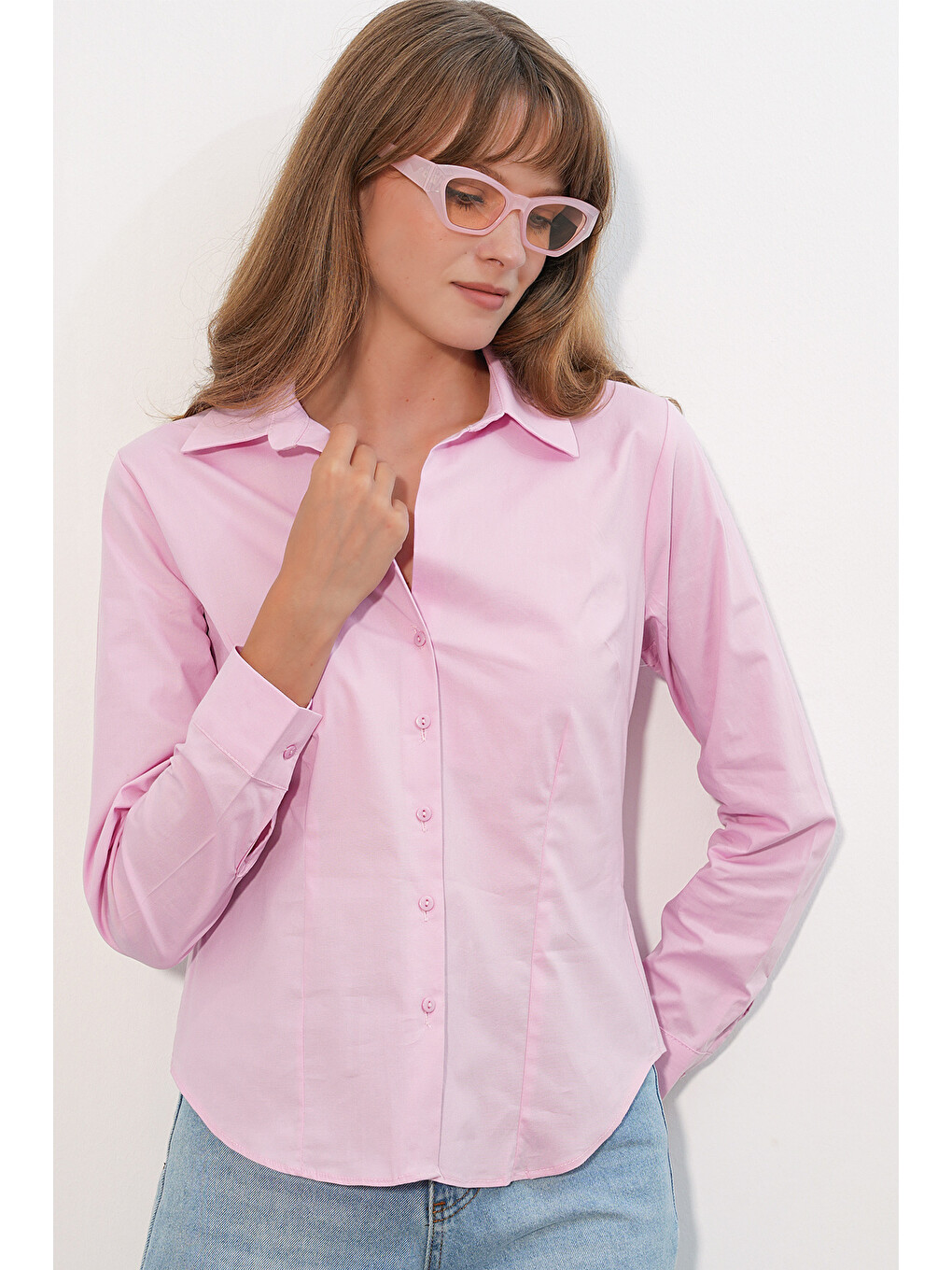 Kadın Klasik Yaka Basic Gömlek 20398 - Pembe-2