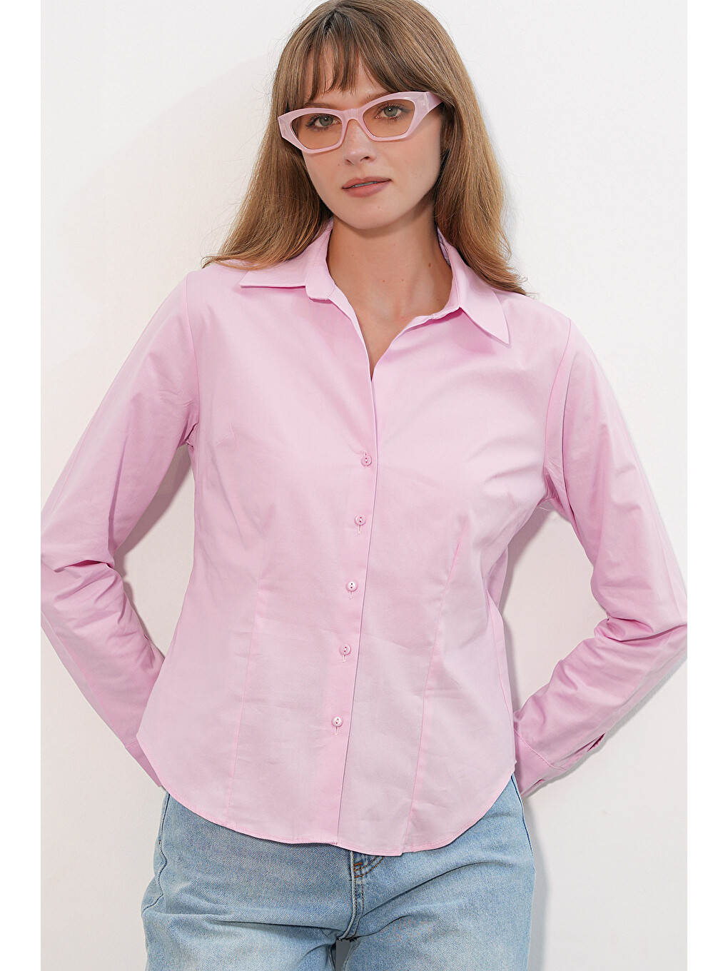 Kadın Klasik Yaka Basic Gömlek 20398 - Pembe-3