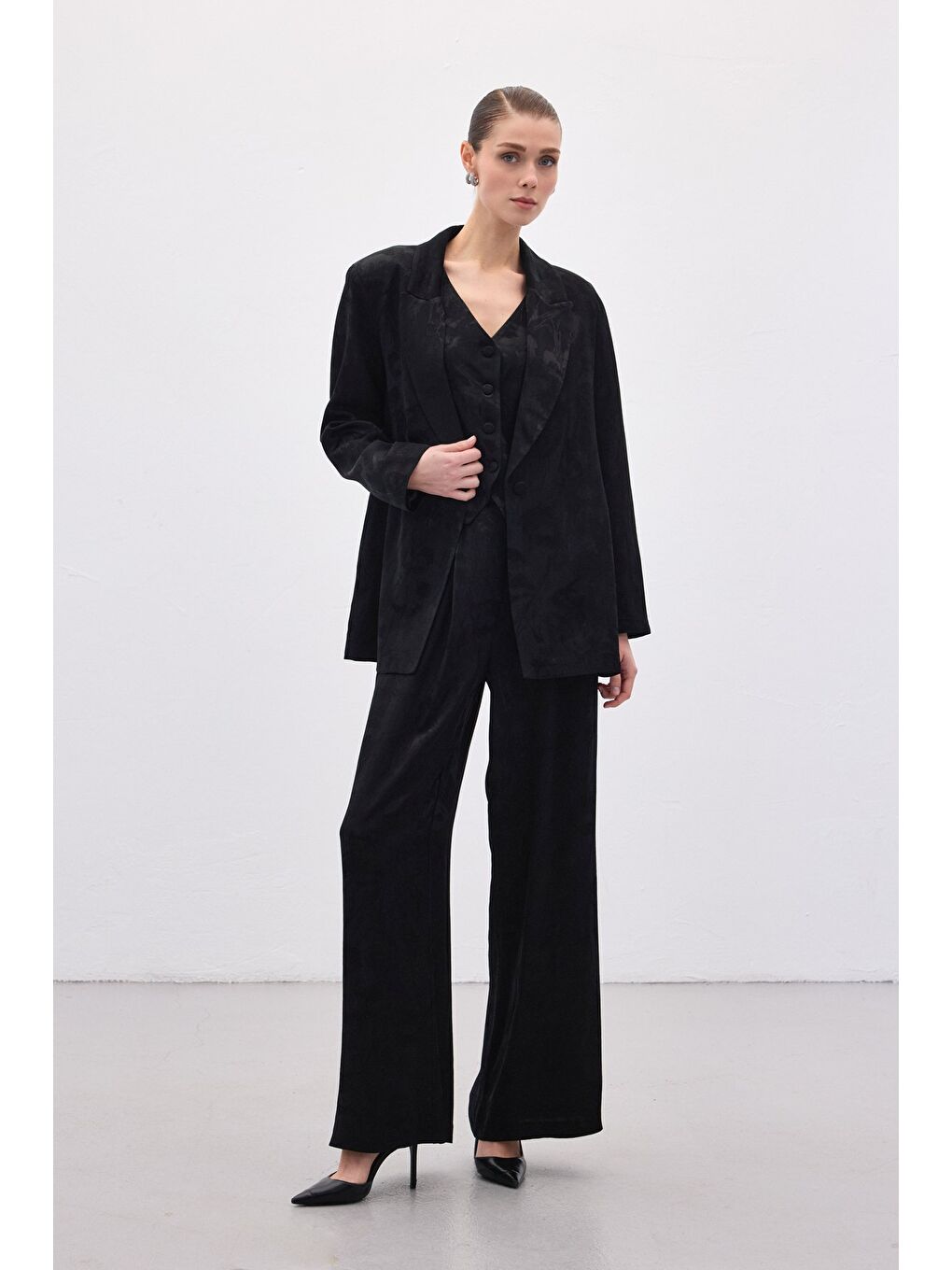 Jakarlı Bol Pantolon - Siyah-2