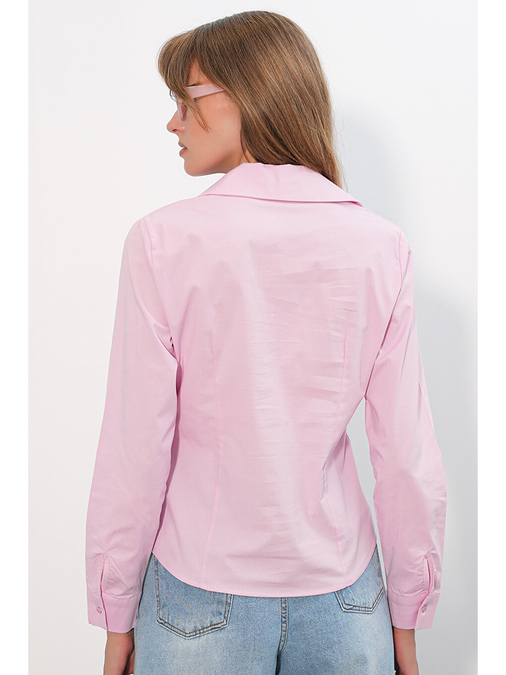 Kadın Klasik Yaka Basic Gömlek 20398 - Pembe-5