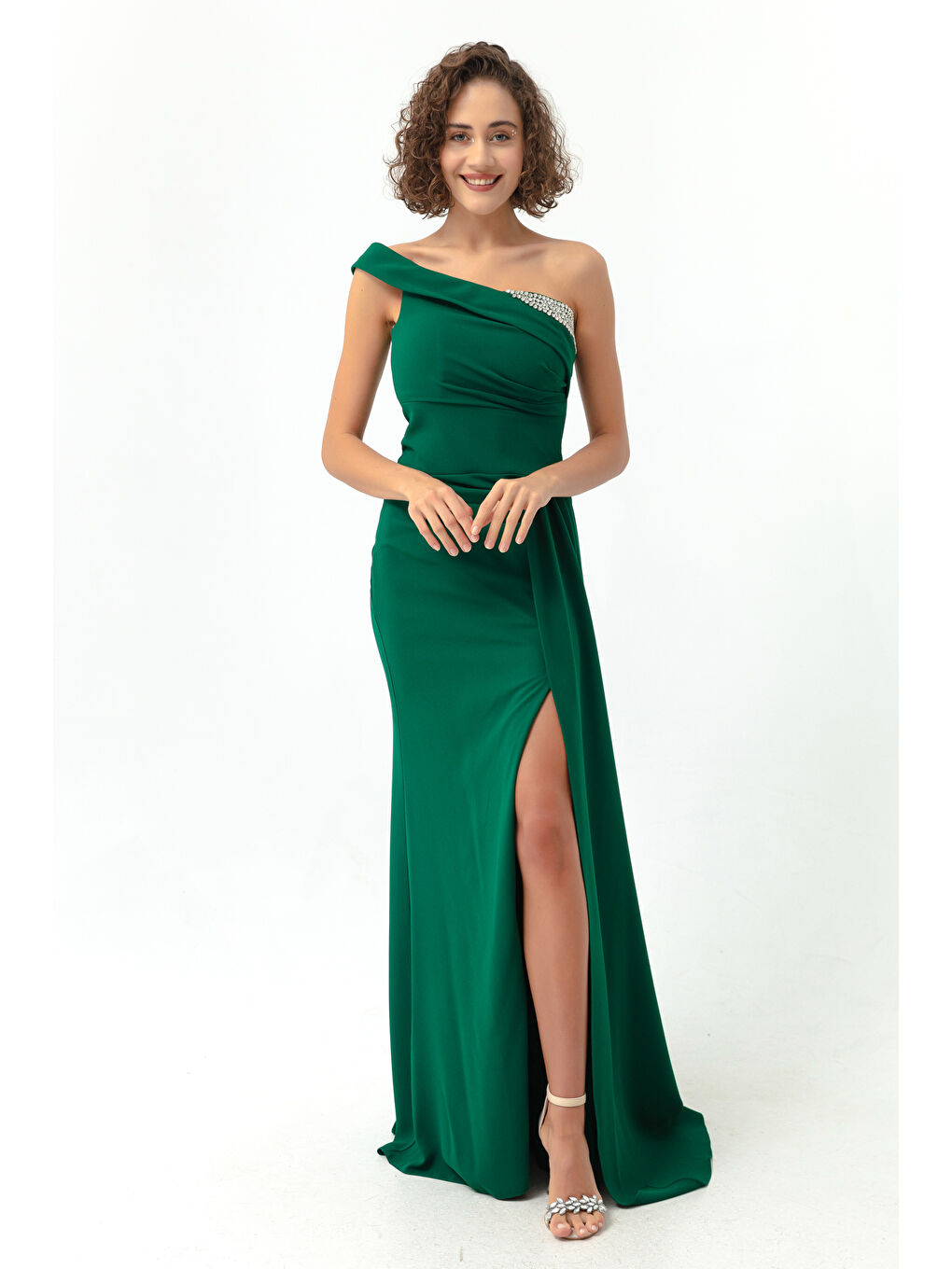Kadın Zümrüt Yeşili Tek Omuzlu Taşlı Uzun Abiye Elbise-1