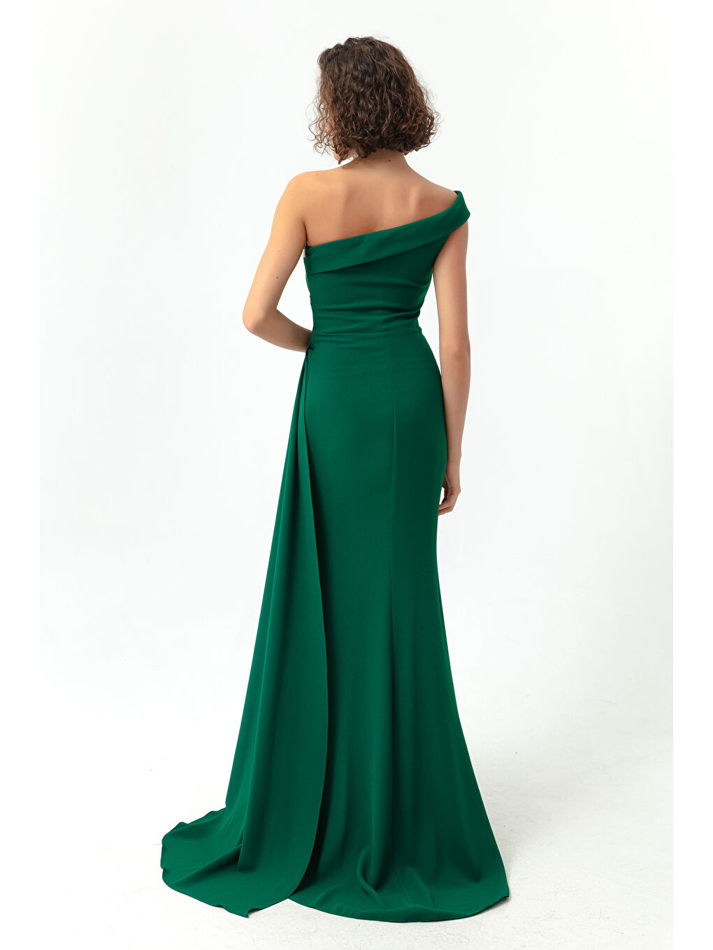 Kadın Zümrüt Yeşili Tek Omuzlu Taşlı Uzun Abiye Elbise-4