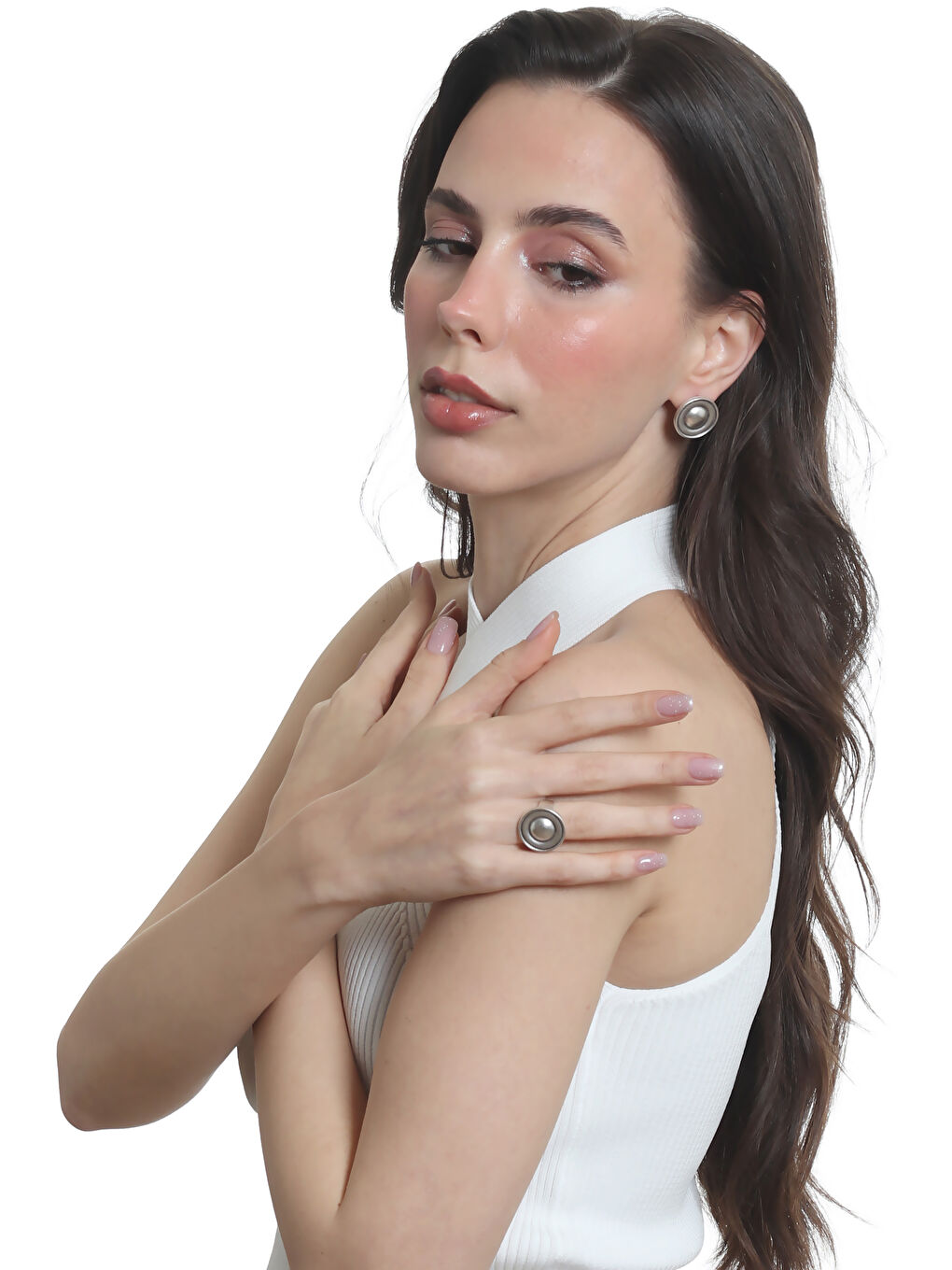 Gri Kadın Antik Gümüş Kaplama Çivili Model Düğme Küpe&Yüzük Seti-5