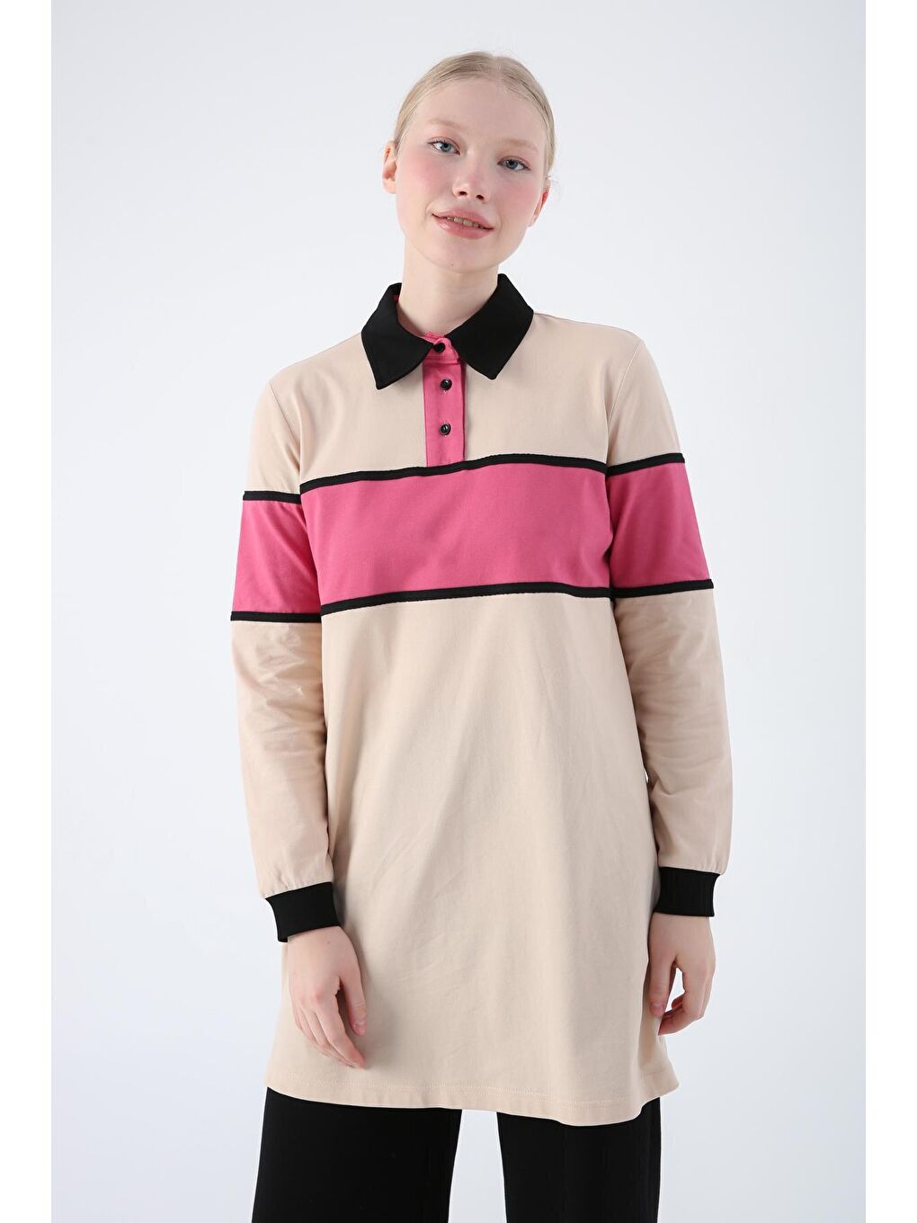 Bej Pamuklu Renkli Garnili Polo Yaka Tunik-4