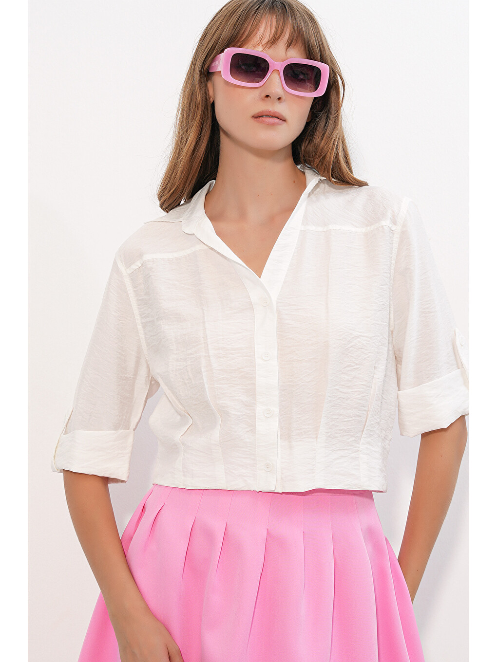 Kadın Crop Oversize Gömlek 20390 - Beyaz