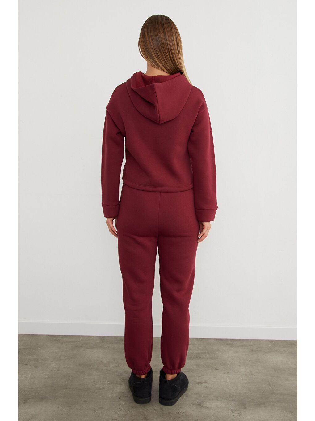 Bordo 3 İplik California Nakışlı Kapüşonlu Jogger Takım-2