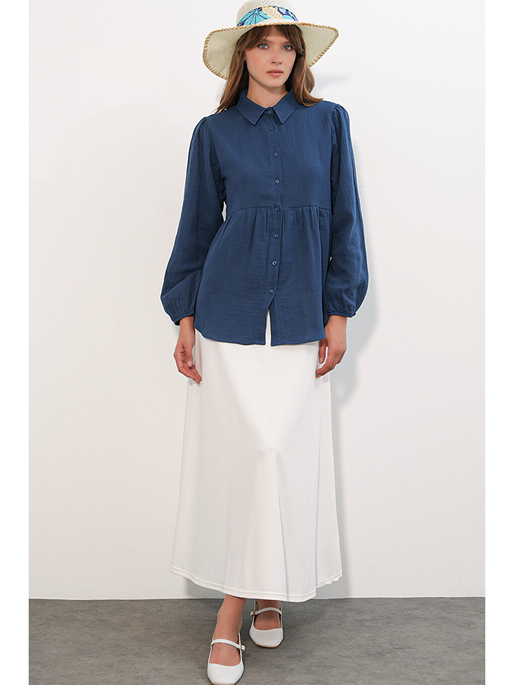 Kadın Dokulu Oversize Keten Gömlek 20381 - Lacivert-1