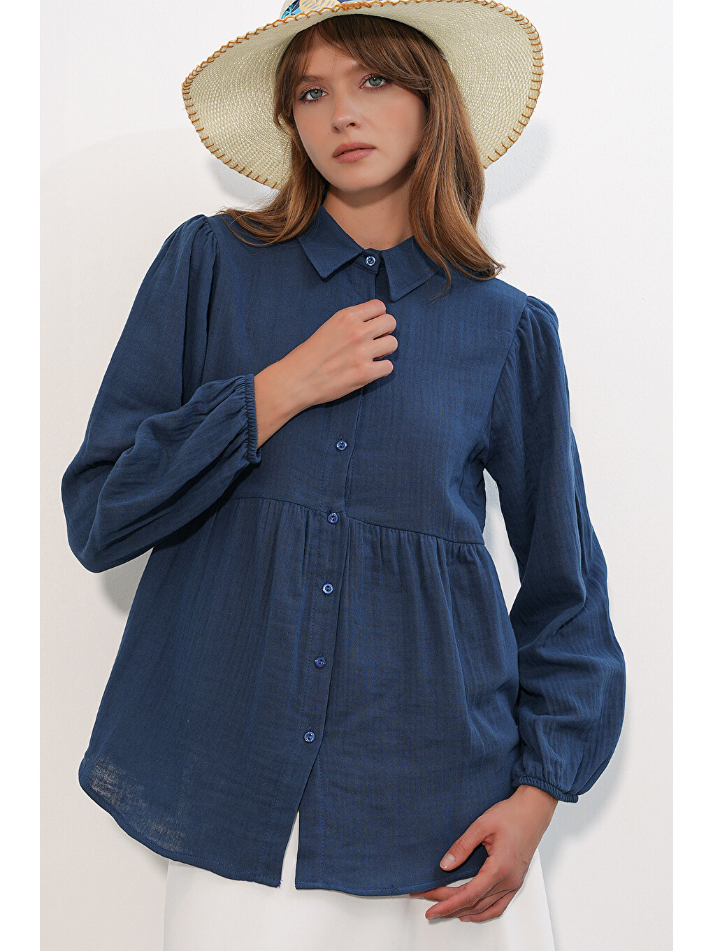Kadın Dokulu Oversize Keten Gömlek 20381 - Lacivert-2