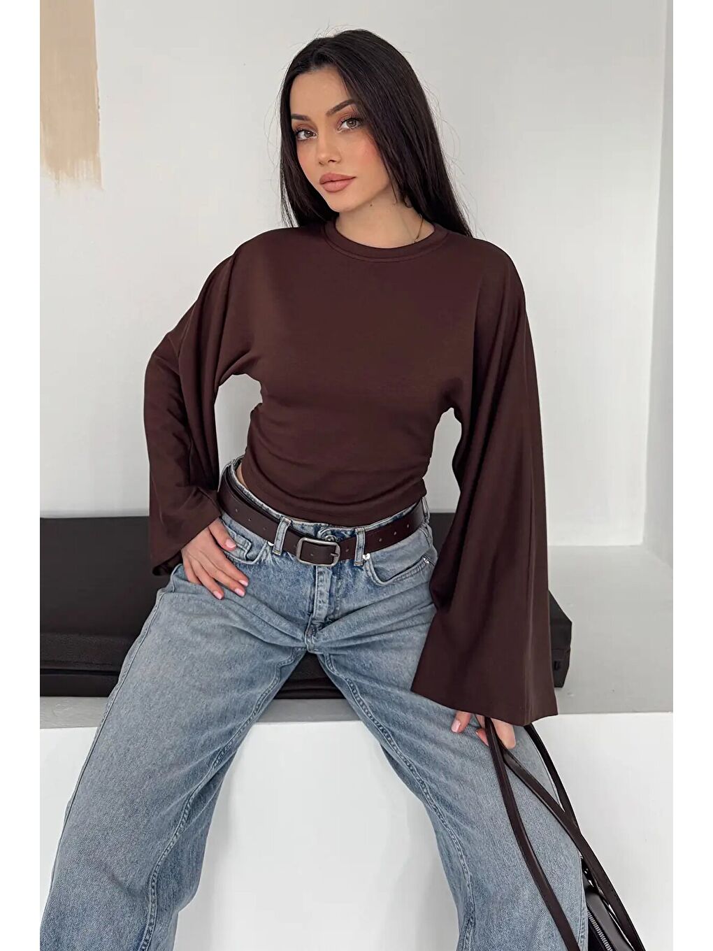 Geniş Kol Crop Bluz Kahverengi