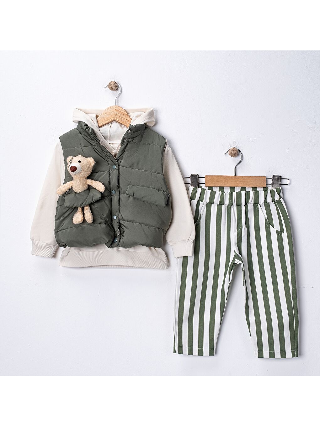 Yeşil Erkek Bebek 3’lü Takım 9-24 Ay Şişme Yelek %100 Pamuk Sweatshirt Gabardin Pantolon-1