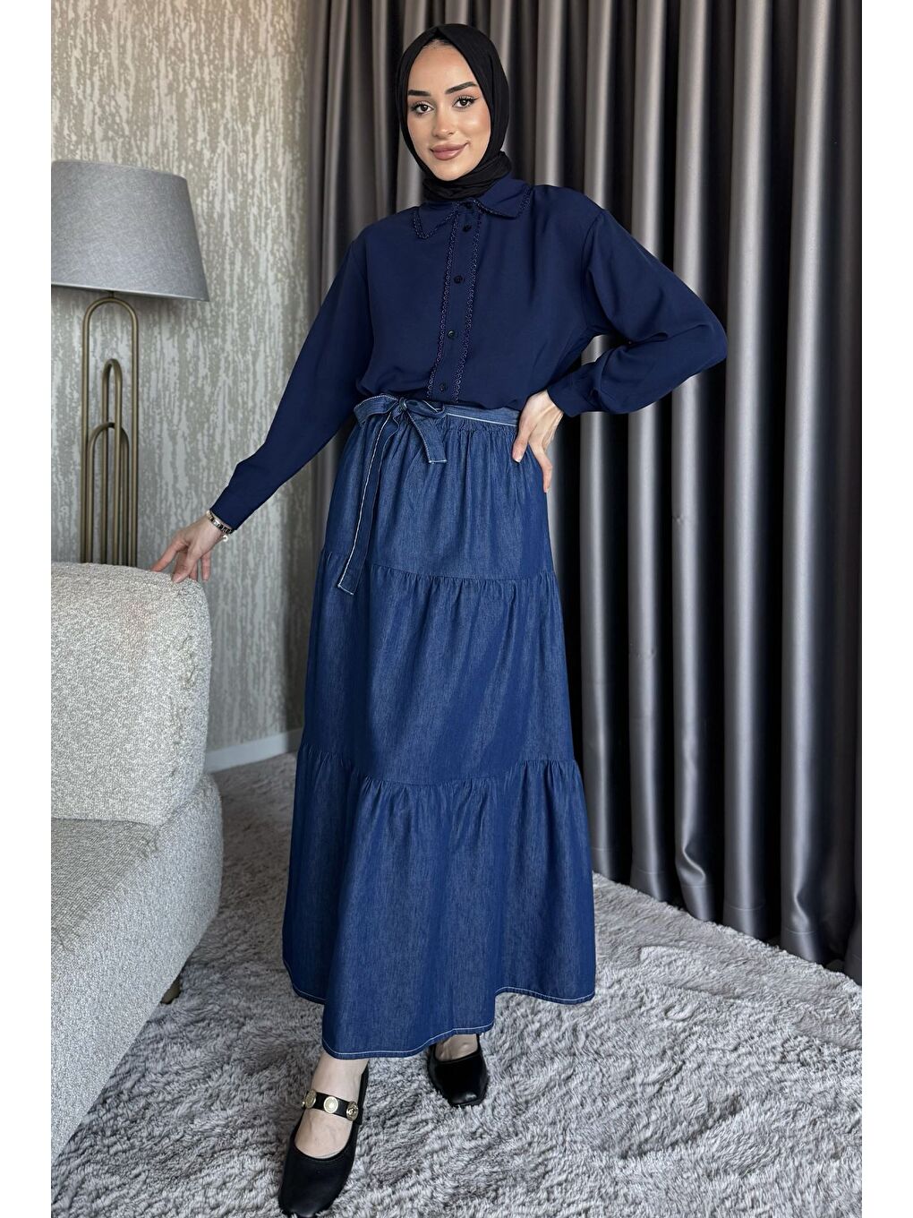 Lacivert Kemerli Tesettür Jean Jean Etek