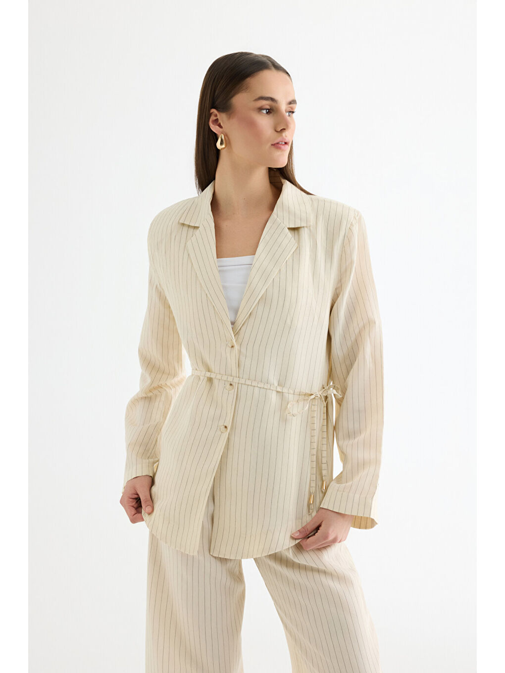 Çizgili Bağcıklı Gömlek Ceket Ekru-1