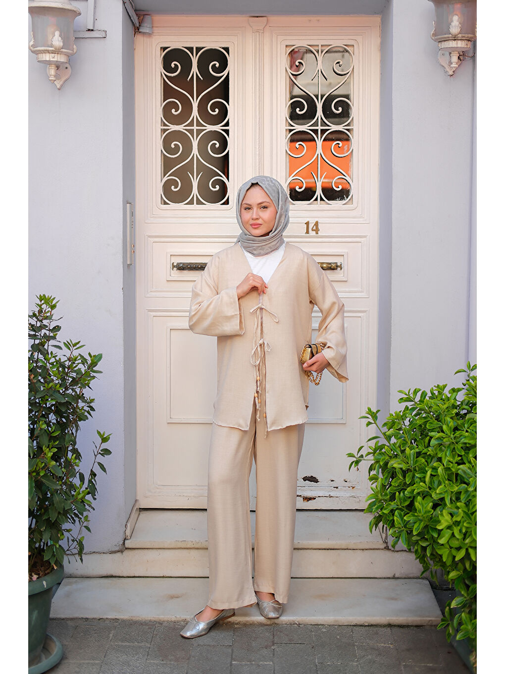 Ekru Kadın Ön Bağlama Detaylı Takım Krem-1