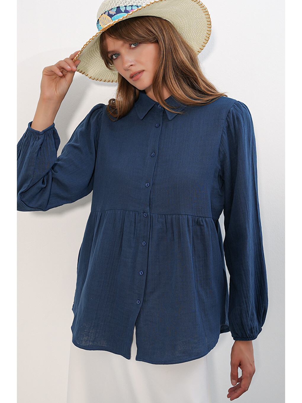 Kadın Dokulu Oversize Keten Gömlek 20381 - Lacivert-3