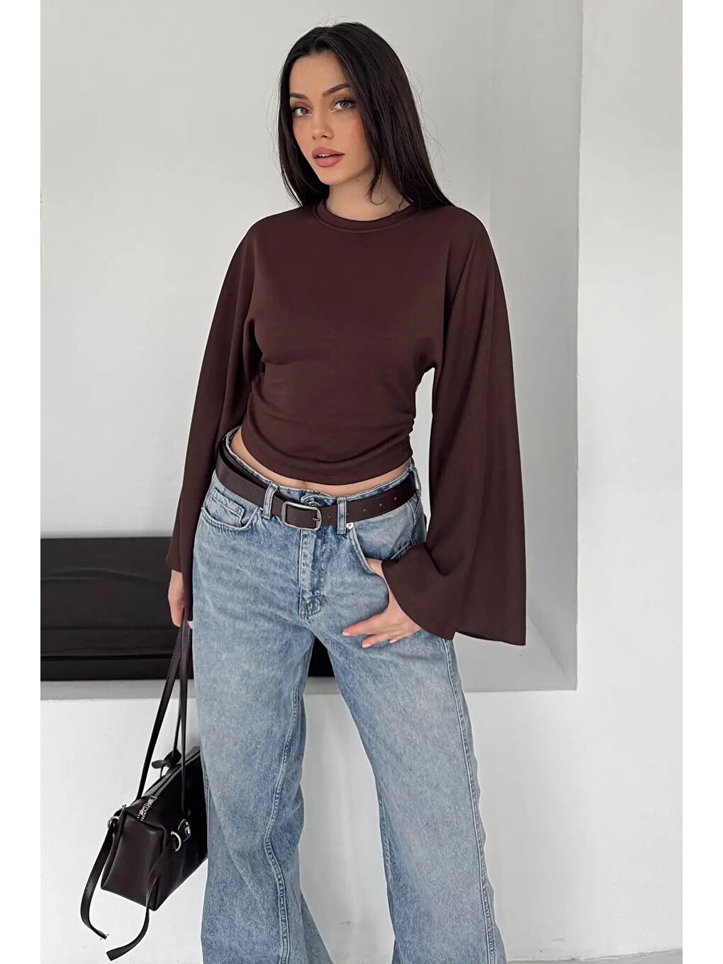 Geniş Kol Crop Bluz Kahverengi-1