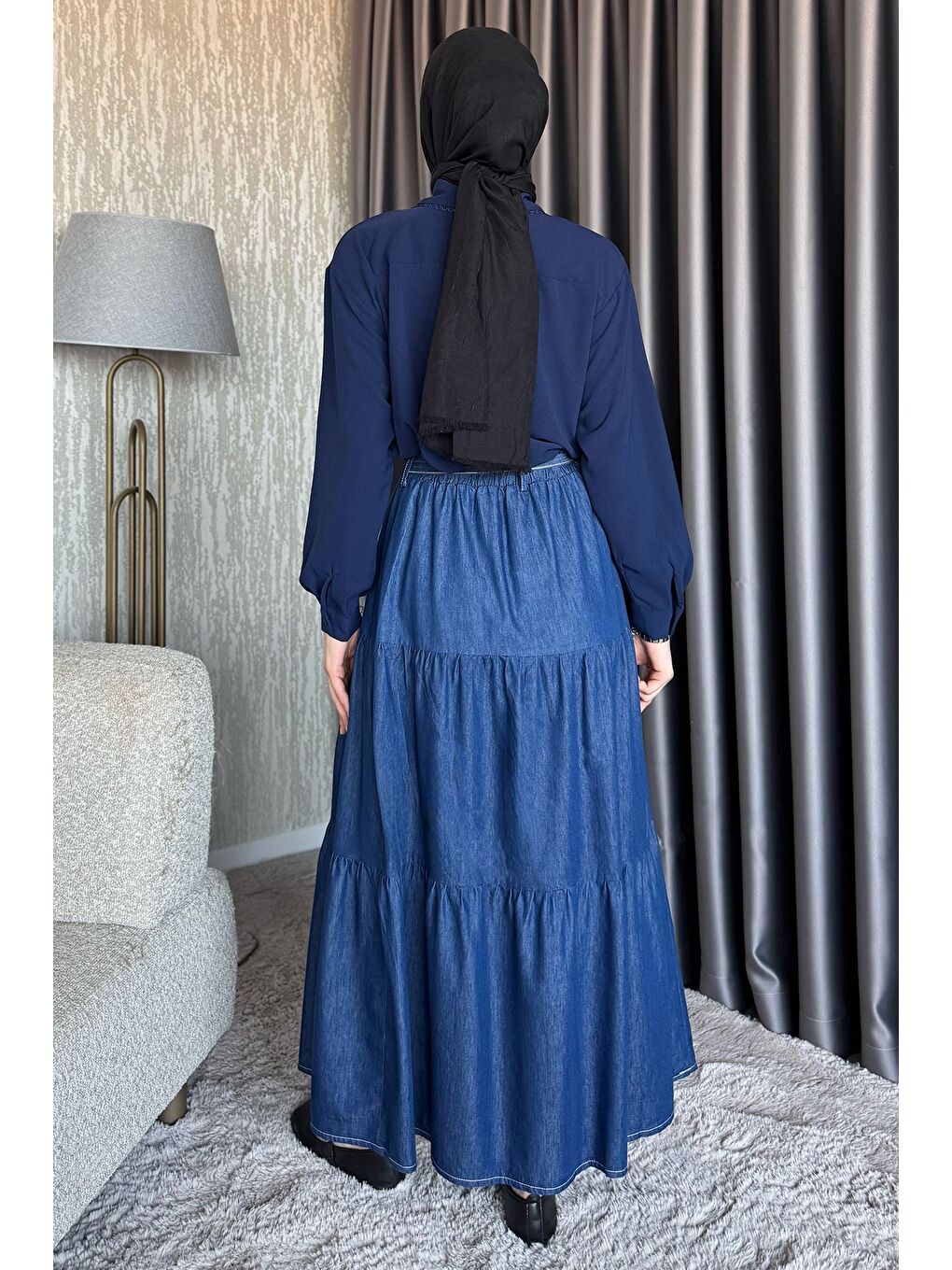 Lacivert Kemerli Tesettür Jean Jean Etek-6